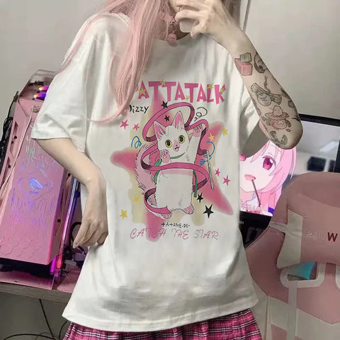 Pink E-gir T-Shirt with Cat Print