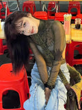 Y2K Graphic Mesh Shirts for Women Slim Fit Transparent Style in Grunge Look
