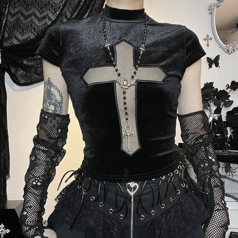 Elegant Gothic T-Shirt with Cross and Mesh Details
