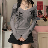 Funky Y2K Long Sleeve T-Shirt with Cross Wings Print