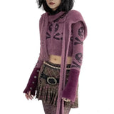 Playful grunge hooded cardigan with Gothic skull motif in lilac
