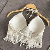 Damen Crop-Top mit Fransen im Koreanische-Strand-Look Sommerliches Stricktop