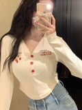 Spring-like V-neck Crop Top with Cherry Embroidery