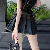 Retro Denim Mini Skirt with Lace Trim and Butterfly Belt