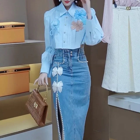 ギャルスタイルにぴったりな、リボンがあしらわれた甘いジーンズミディスカート