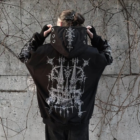 Engaging black hoodie with three-dimensional gothic patterns