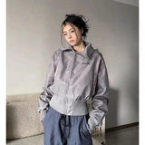 Stand-up Collar Gray Jacket for Women Y2K Aesthetic