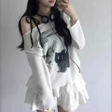 Y2K Pullover with Off-Shoulder Design and Ruffle Details