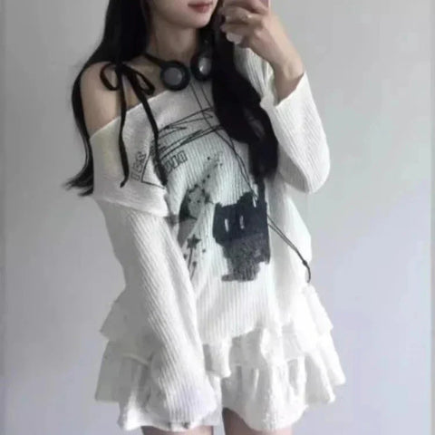 Y2K Pullover with Off-Shoulder Design and Ruffle Details