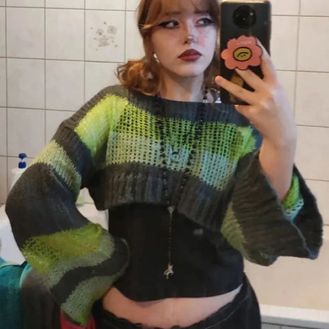 Green Striped Crop Sweater Fairycore for Women