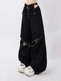 Sexy Techwear Cargo Pants with Wide Legs and High Waist for Women