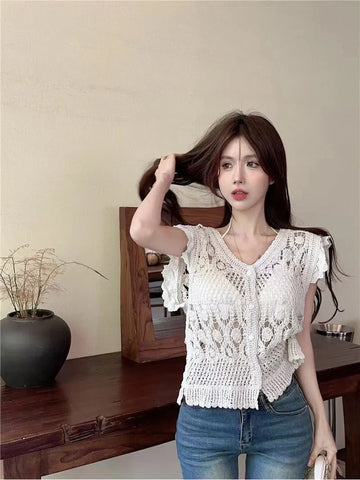 花柄と半袖のかぎ針編みカーディガン