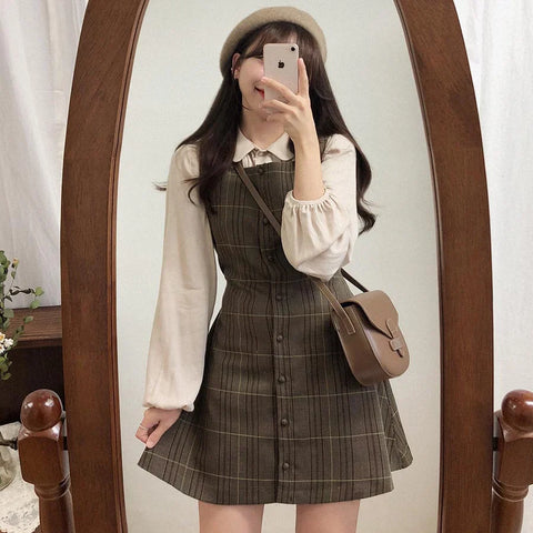 Checked Dress in "Light Academia" Style with Blouse and Beret