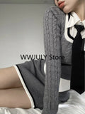 Fashion Knitted Suit Woman Y2k Crop Tops Sweater + Casual Shirt + Slim Bodycon Mini Skirt Korean 3 Piece Set