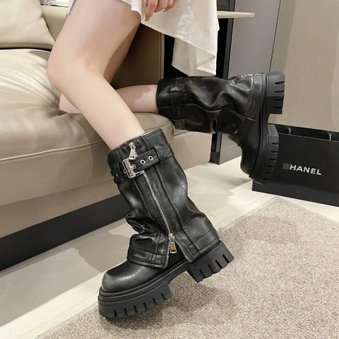 Grunge Women's Boots with Buckle and Platform in Calf Height