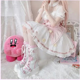 Gothic lolita Sweet Platform Lace-Up Boots in White and Pink