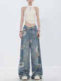 Flower Denim Pants in Soft Girl Style with Wide Leg