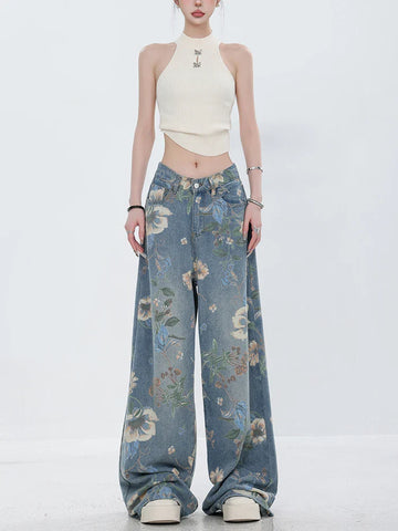 Flower Denim Pants in Soft Girl Style with Wide Leg
