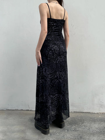 Dark Printed Lace Trim Mesh Dress