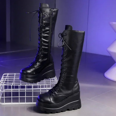 Gothic Mid-Calf Boots with Wedge Heel and Lacing