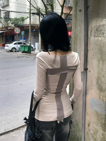 Patchwork T-Shirt for Women Skinny Long Sleeve in Retro 90s