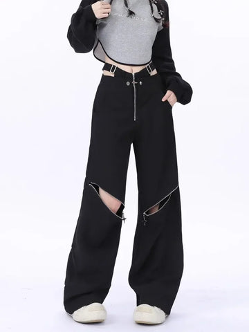 Black Y2K Cargo Pants for Women Wide Cut with Zipper Detail