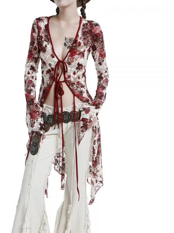 Women's Indie-Style Blouse with V-Neck and Lacing Long Sleeve