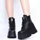 Women Platform Wedges Boots Gothic Look with Metal Studs and Lacing