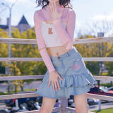 Y2K Denim Skirt with Ruffles for Women – Cute Lolita Kawaii Style