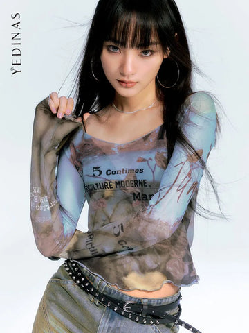 E-Girl Streetwear Transparent Mesh Top with Print and Long Sleeves