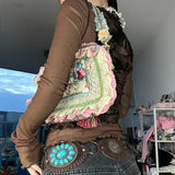 Grunge Patchwork Women's T-Shirt with Long Sleeves and V-Neck