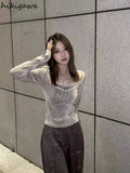 Silver striped short knitted top with long sleeves Korean Casual
