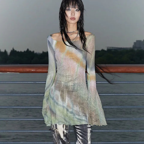 Alternatives Tie-Dye Mesh Top with Bell Sleeves – Grunge Style