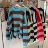 Gestreifter Pullover im Korean-Style mit Rundhalsausschnitt und Langarm