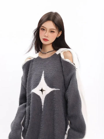 Comfortable Y2K Sweater with Off-Shoulder Design and Star Motif