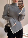 Korean Style Elegant Turtleneck Sweater in Cream with Contrasting Details