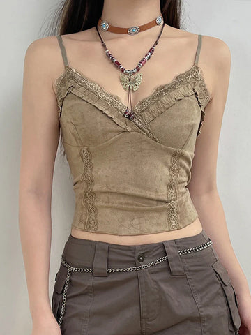 Fairy-Grunge Lace Crop Top in Khaki with Spaghetti Straps