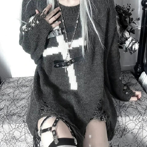 Long loose Grey Gothic sweater with cross and metal
