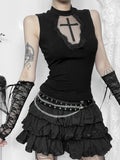 Sexy Gothic Crop Top with Black Cross on Lace
