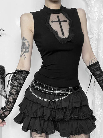 Sexy Gothic Crop Top with Black Cross on Lace