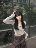 Silver striped short knitted top with long sleeves Korean Casual