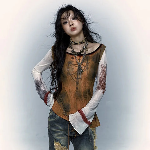 Transparent Mesh Top in Grunge Style with Bell Sleeves