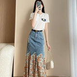 Soft-Girl Patchwork Maxi Jeans Skirt with Zipper