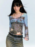 E-Girl Streetwear Transparent Mesh Top with Print and Long Sleeves