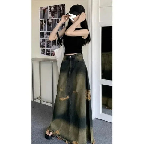 Grunge Women's Maxi Skirt in Used Look with High Cut