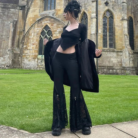 Black E-Girl Bell Bottoms with Lace and High Waist