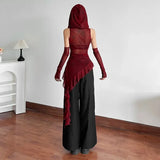Red Mesh Hoodie with Ruffle Hem for Goth
