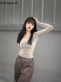 Silver striped short knitted top with long sleeves Korean Casual