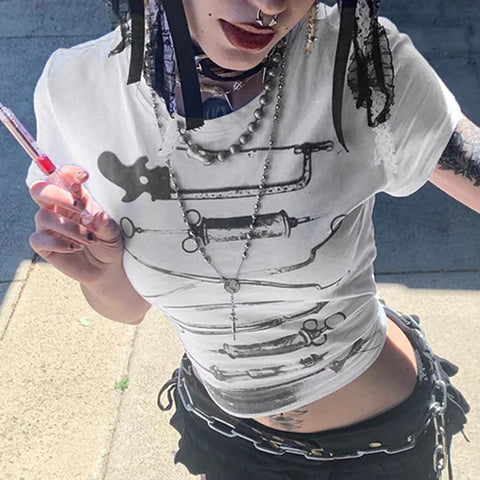 Alternative Gothic T-Shirt with Print Short Sleeve Crop Top with O-Neck