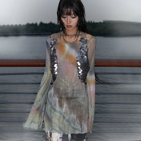 Alternatives Tie-Dye Mesh Top with Bell Sleeves – Grunge Style